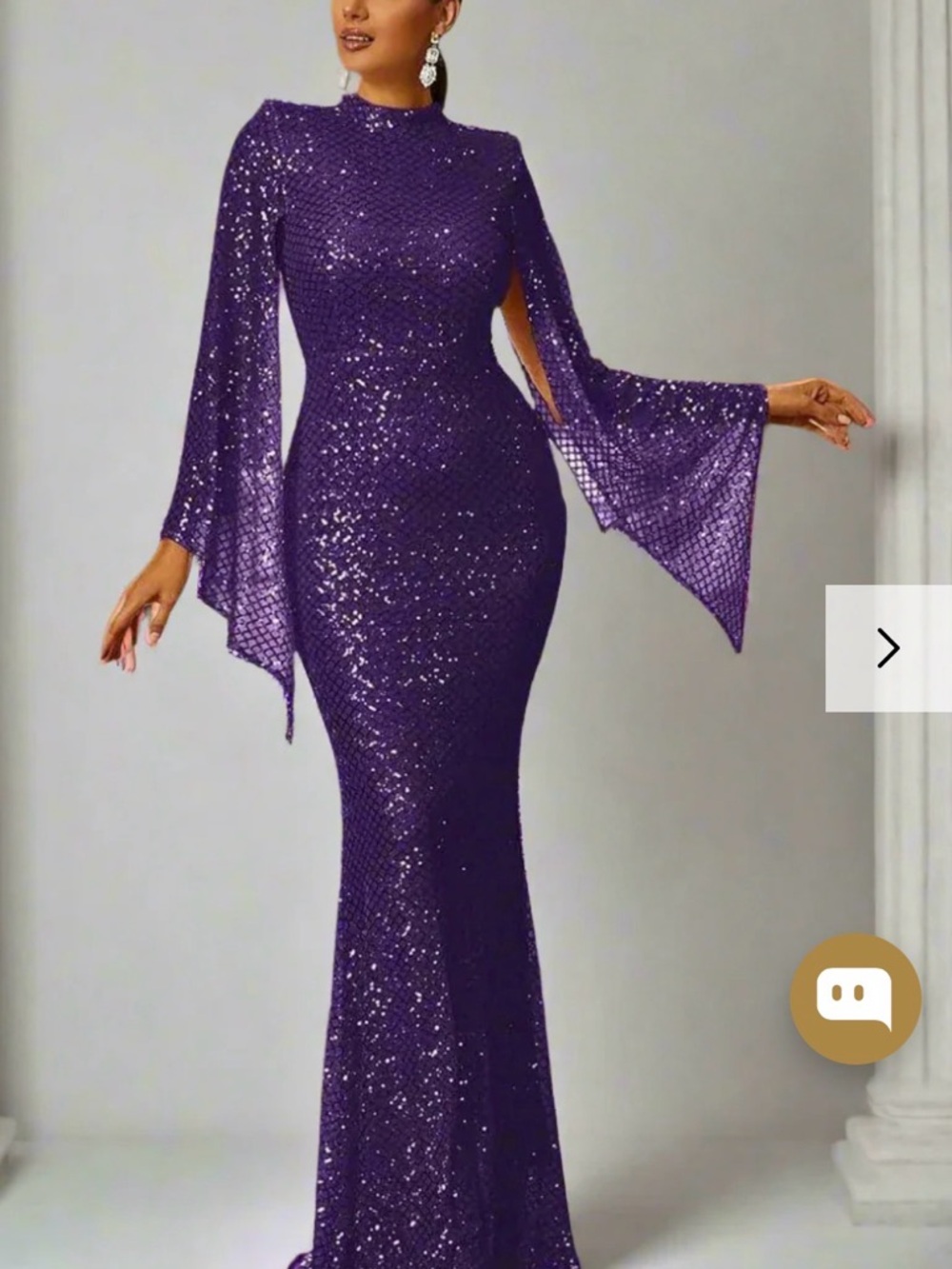 Elegant Purple Sequin Maxi Dress with Flowing Bell Sleeves